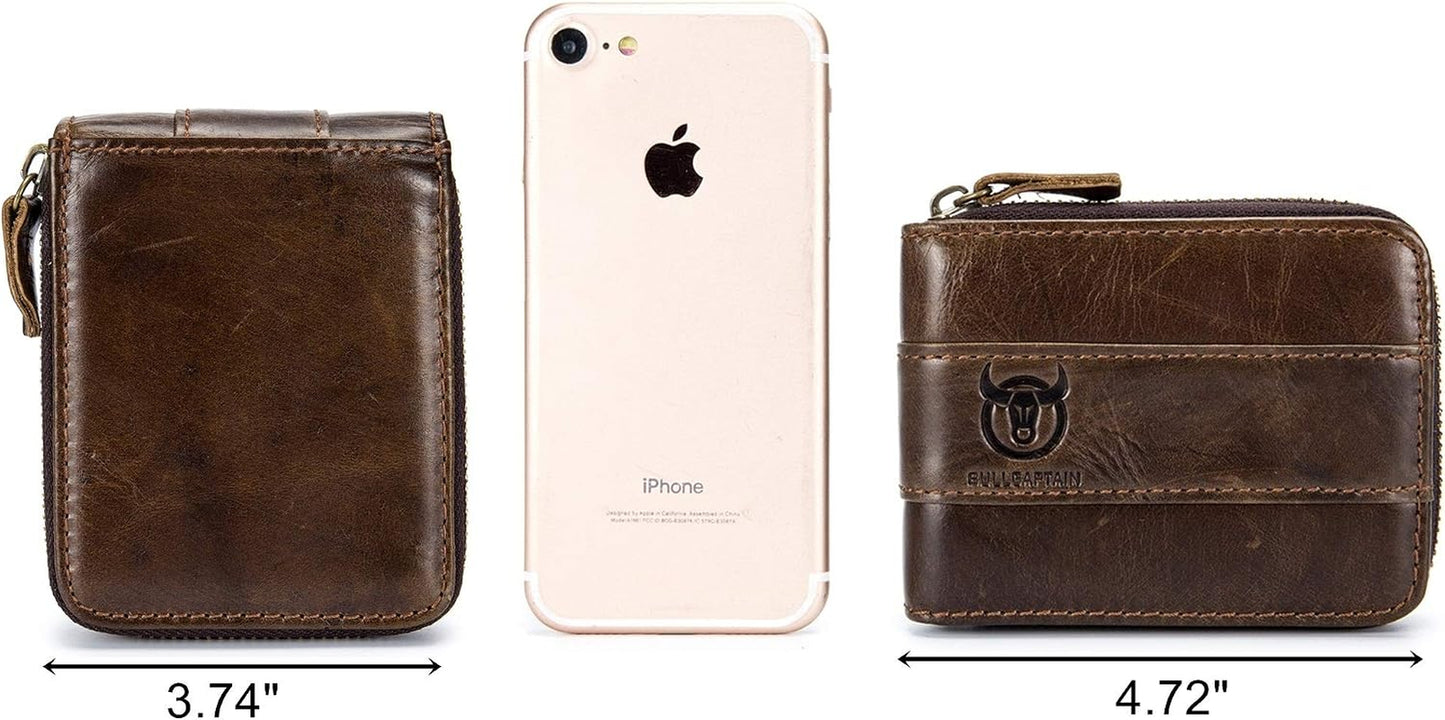 Mens Leather Wallet Zipper RFID Blocking Wallets Coins Purse (Deep Brown)