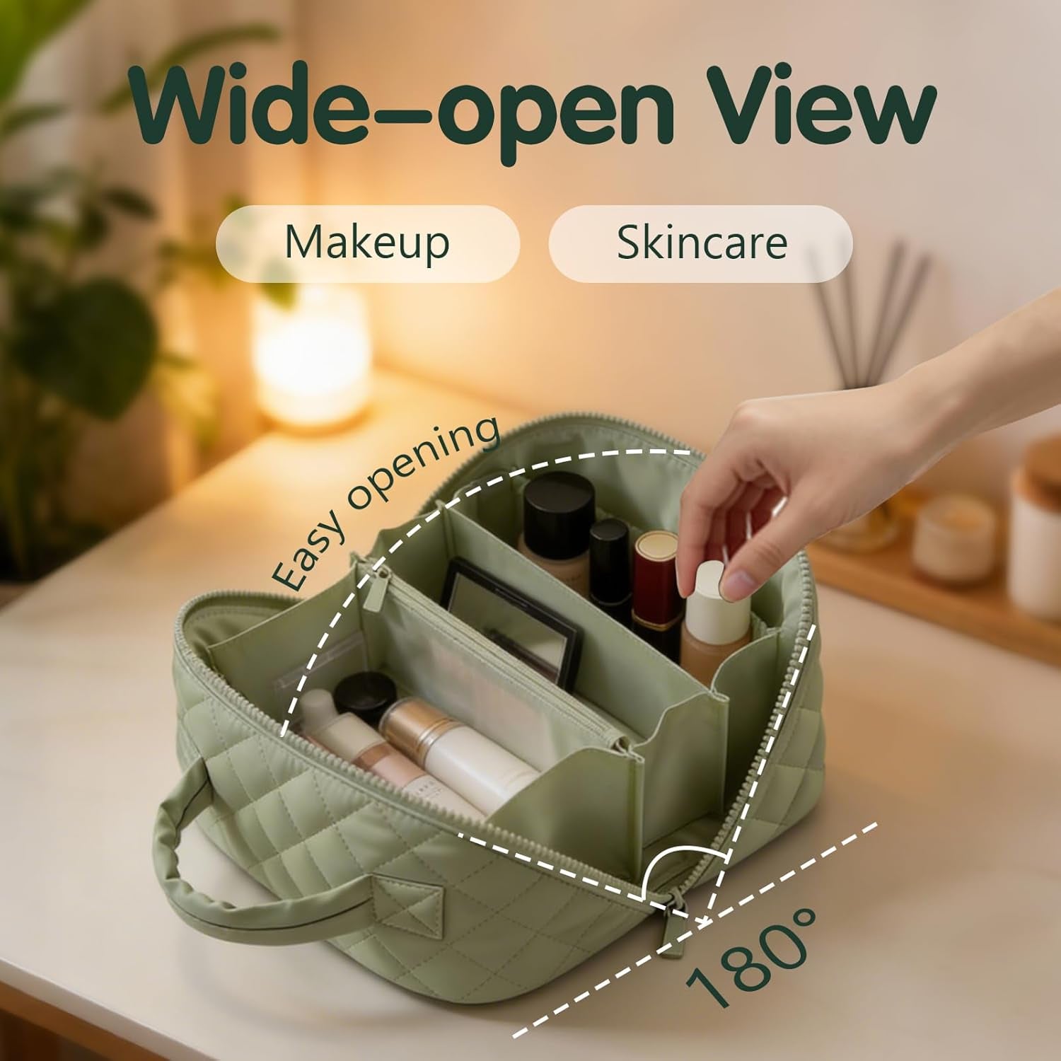 Travel Makeup Bag Toiletry Bags for Women Small Cute Brush Quilted Skincare Organizer Set My Parallel Toiletries Cosmetic Puffer Fold down Traveling Organizers Mini Purse Skin Care Lay Flat