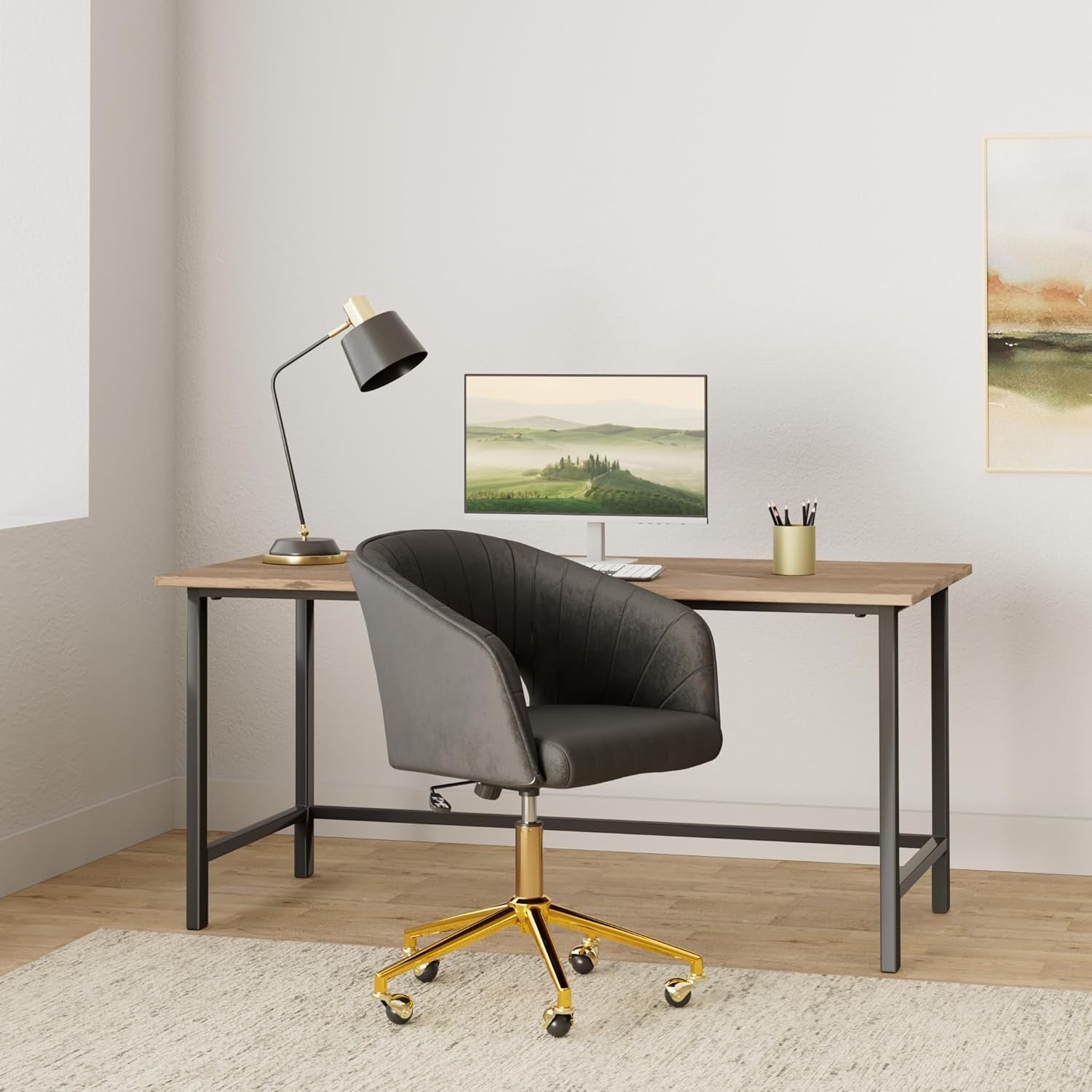 Velvet Office Desk Chair, Upholstered Home Office Desk Chairs with Adjustable Swivel Wheels, Ergonomic Office Chair for Living Room, Bedroom, Office, Vanity Study (Black)