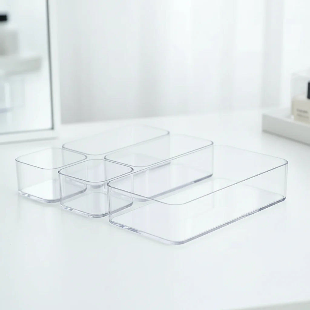Acrylic Clear Drawer Organizer Set | Cosmetic Storage Box for Vanity, Desk & Office
