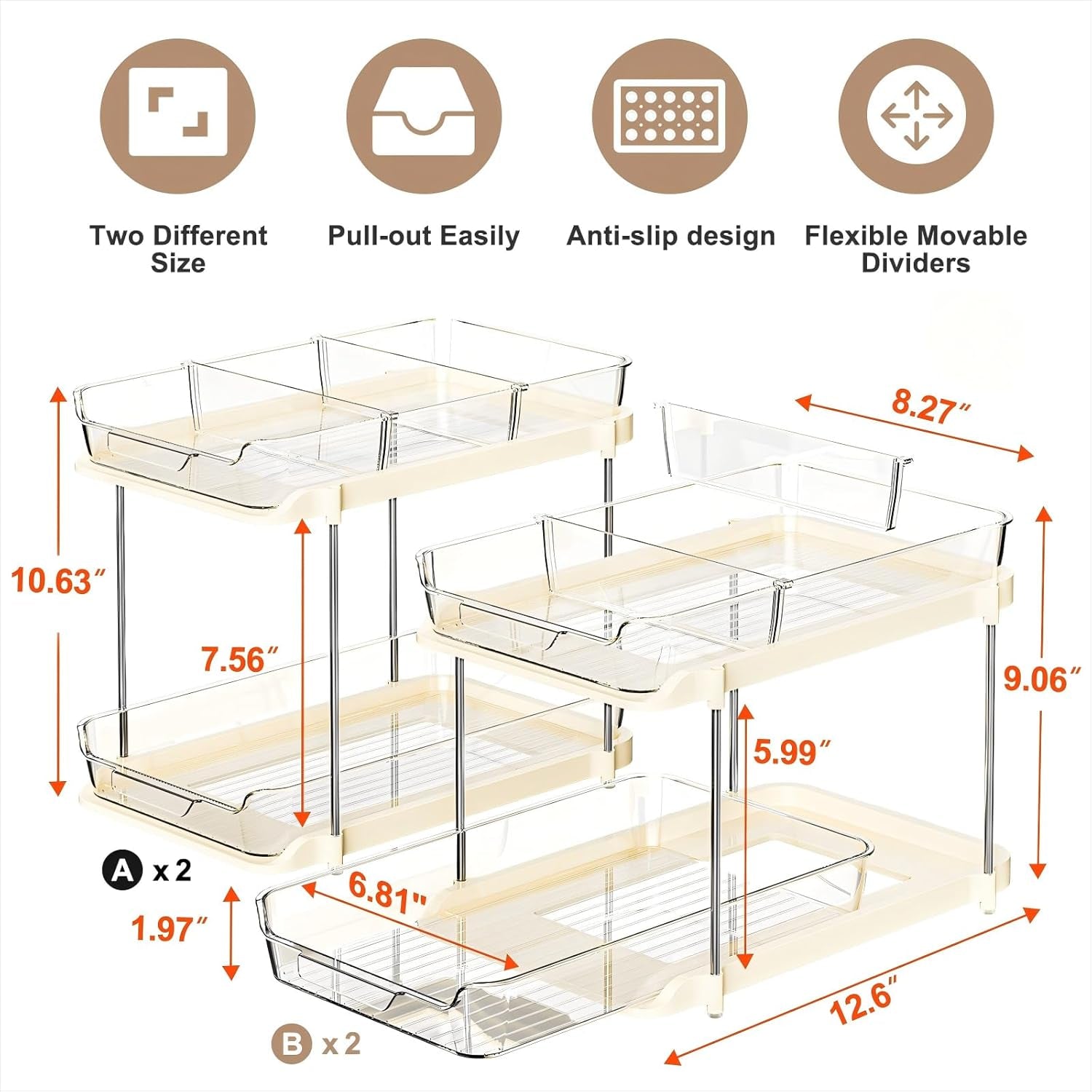 2-Tier Multi-Purpose Bathroom under Sink Organizers and Storage, Stackable Kitchen Pantry Organization, Pull Out Medicine Cabinet Organizer with Movable Dividers, Beige, 4 Pack