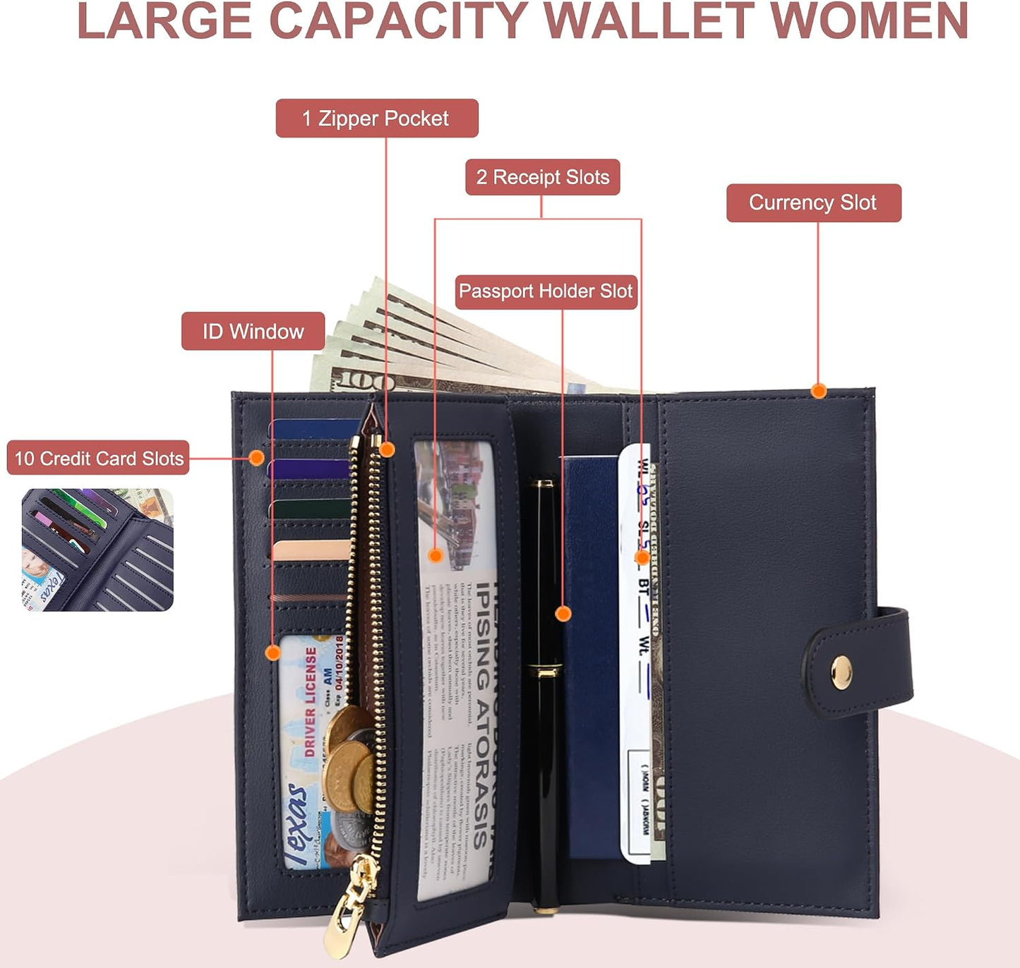 Wallet for Women RFID Blocking Leather Trifold Clutch Wallet Credit Card Holder Ladies Travel Wallet Purse with Pen Holder