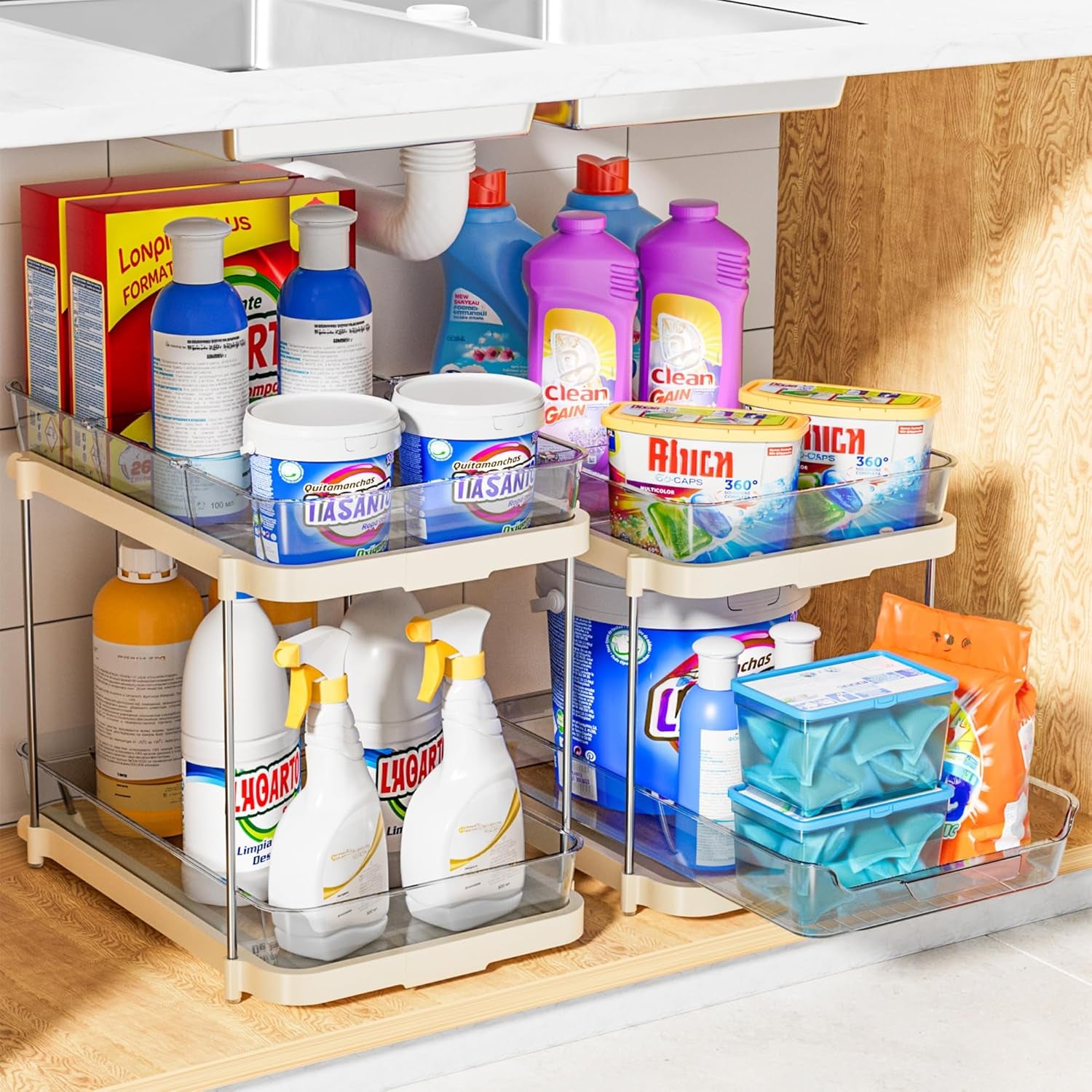 2-Tier Multi-Purpose Bathroom under Sink Organizers and Storage, Stackable Kitchen Pantry Organization, Pull Out Medicine Cabinet Organizer with Movable Dividers, Beige, 4 Pack