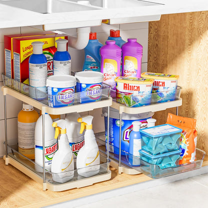2-Tier Multi-Purpose Bathroom under Sink Organizers and Storage, Stackable Kitchen Pantry Organization, Pull Out Medicine Cabinet Organizer with Movable Dividers, Beige, 4 Pack