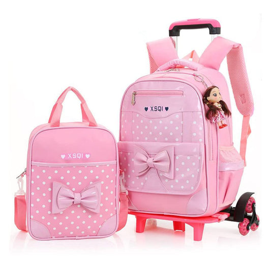 MITOWERMI Rolling Backpack for Girls Trolley School Bags Cute Bowknot Girls Backpack with Wheels Carry-on Travel Luggage with Handbag Toddler Elementary Princess Bookbags