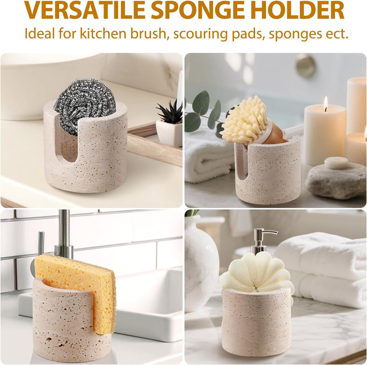 Marble Sponge Holder for Kitchen Sink - Heavy-Duty Real Travertine Stone Sink Caddy Organizer for Countertop, Rust Proof&Water Soap Dish Tray, Luxury Modern Farmhouse Kitchen Decor Accessories