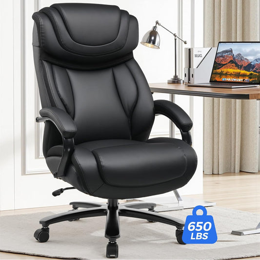 Big and Tall Office Chair 650Lbs Ergonomic Office Chair 6 Gear Adjustable Headrest Swivel Rocking Home Office Desk Chairs Leather High Back Executive Office Chairs with Thickened Armrests
