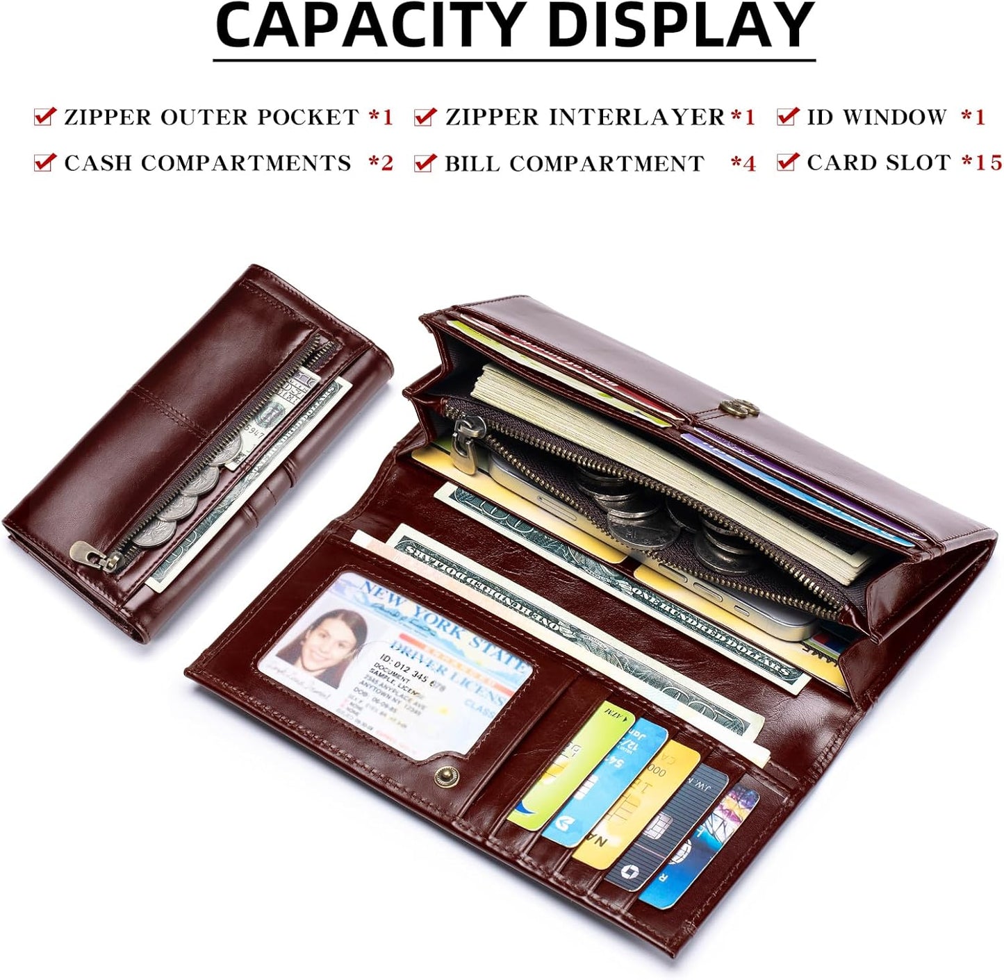 RFID Blocking Wallets for Women Leather Long Ladies Wallet Bifold Womens Wallet with Coin Pocket ID Window,Coffee