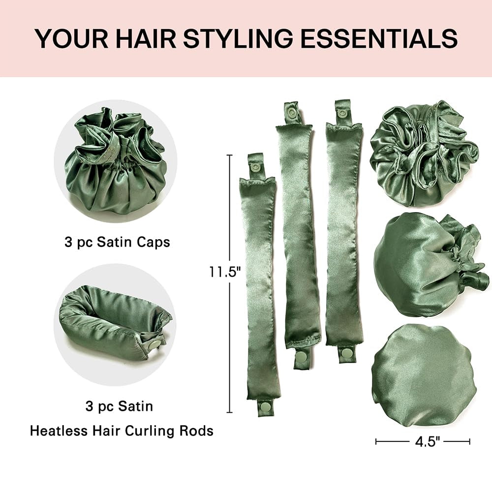 3Sets/6Pcs  New Satin Heatless Hair Curler,Hair Rollers for Heatless Curls with Hair Caps,Soft Heatless Curling Rod Headband for All Hair T,No Heat Curling to Sleep in Overnight (4-Olive Green)