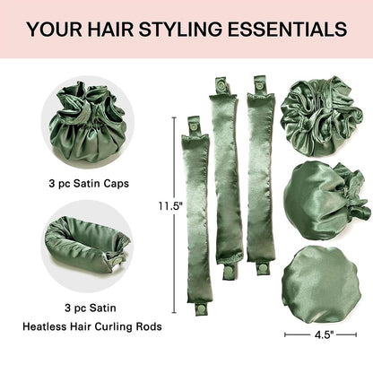 3Sets/6Pcs  New Satin Heatless Hair Curler,Hair Rollers for Heatless Curls with Hair Caps,Soft Heatless Curling Rod Headband for All Hair T,No Heat Curling to Sleep in Overnight (4-Olive Green)