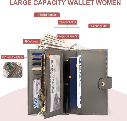 Women'S Wallet RFID Blocking Leather Trifold Clutch Wallet Credit Card Holder Ladies Travel Wallet Purse with Pen Holder