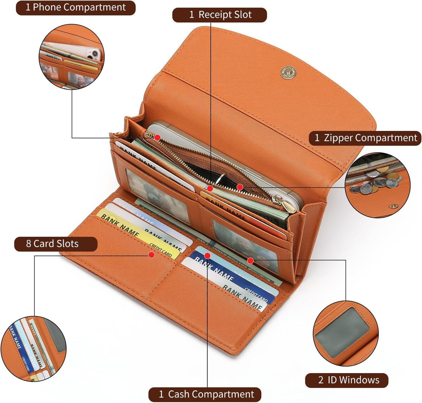 Womens Wallet Large Capacity Leather RFID Blocking Wallets for Women Clutch Credit Card Holder with Zipper Pocket