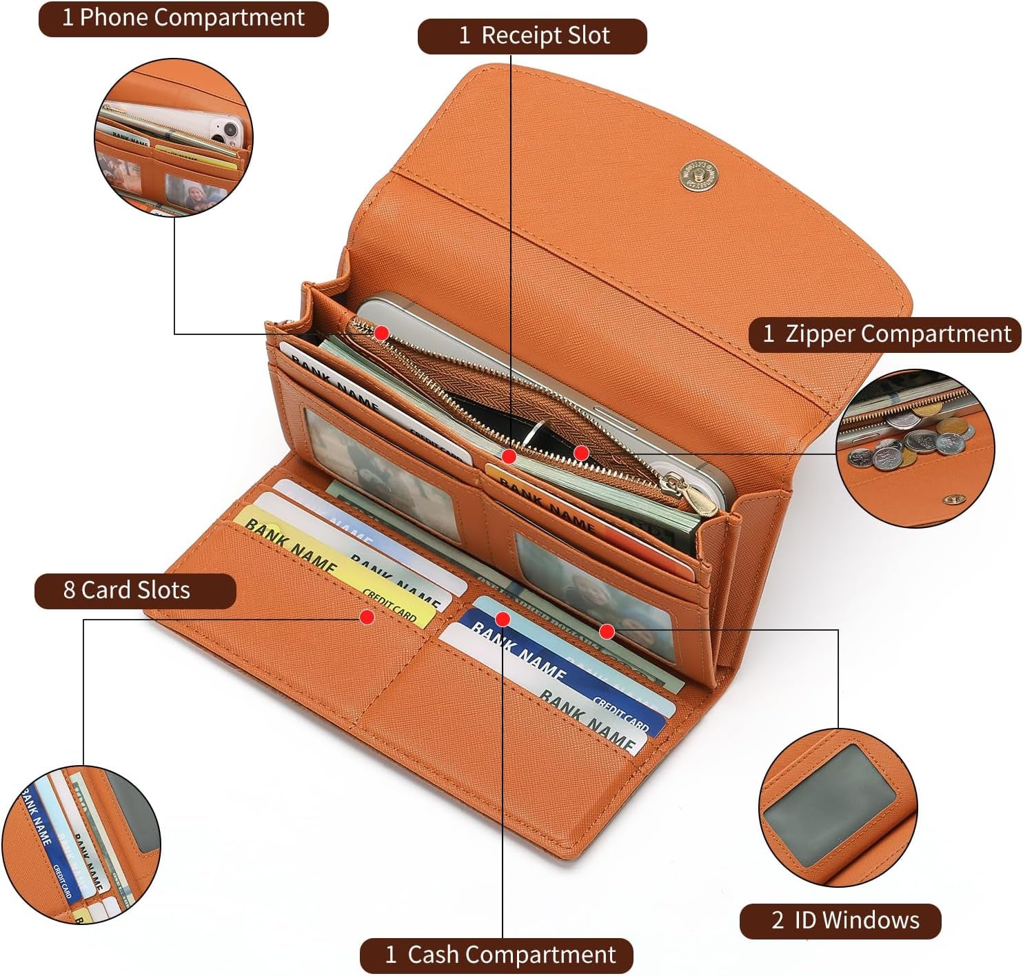 Womens Wallet Large Capacity Leather RFID Blocking Wallets for Women Clutch Credit Card Holder with Zipper Pocket