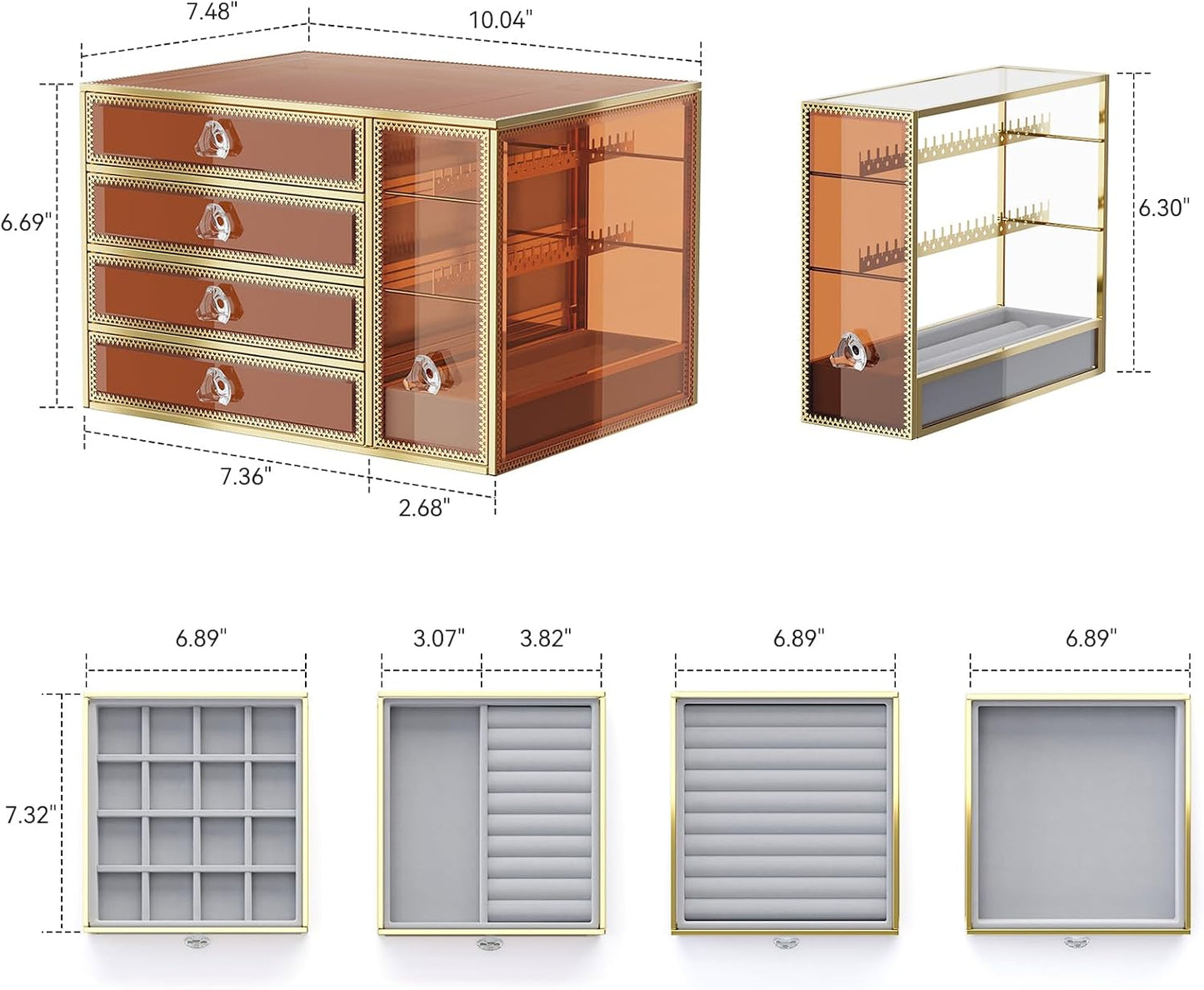 Youdepot Tempered Glass Makeup Organizer Countertop for Vanity & Skincare + 5-Drawer Glass Jewelry Box Organizer for Women with Velvet Storage