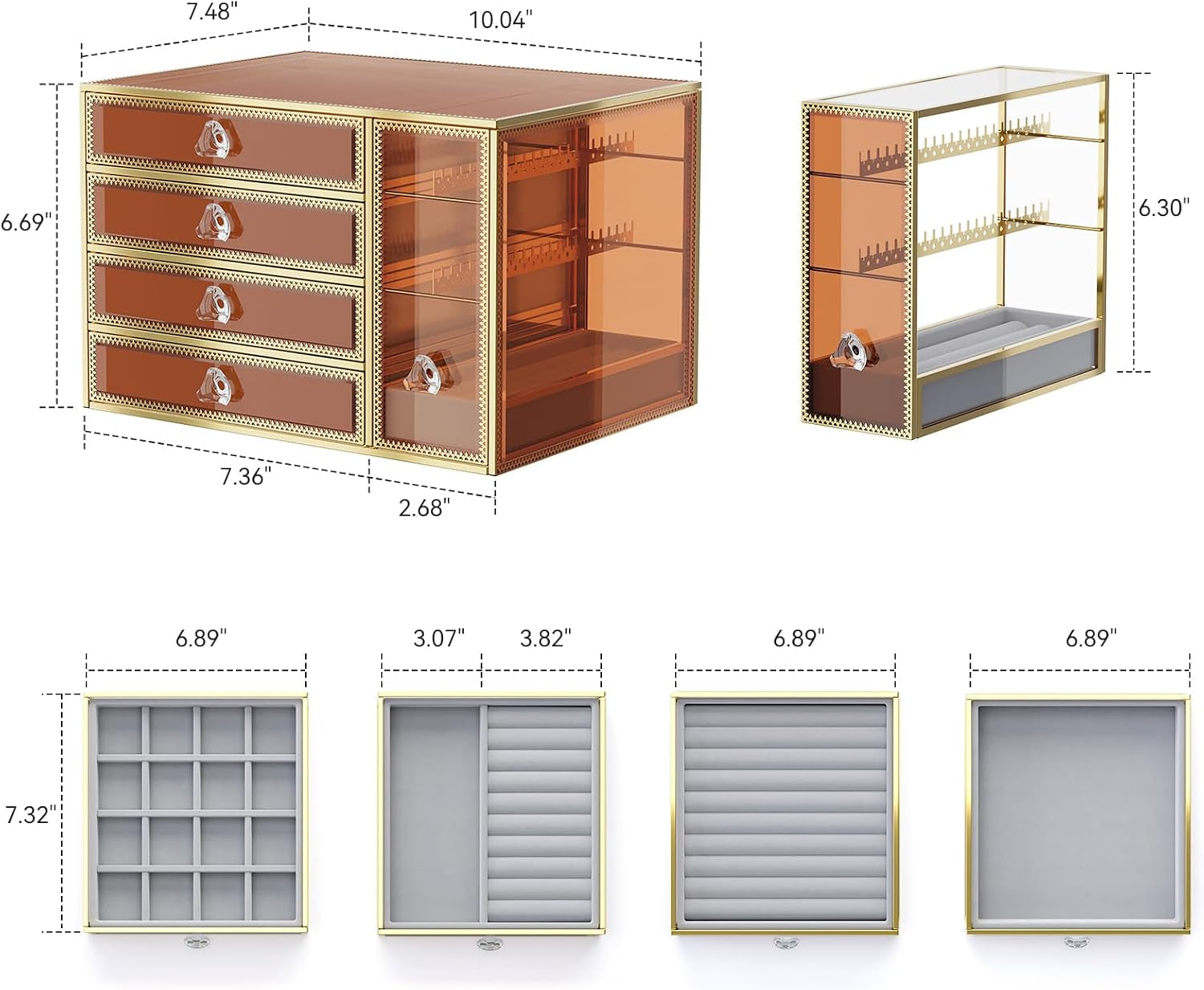 Youdepot Tempered Glass Makeup Organizer Countertop for Vanity & Skincare + 5-Drawer Glass Jewelry Box Organizer for Women with Velvet Storage