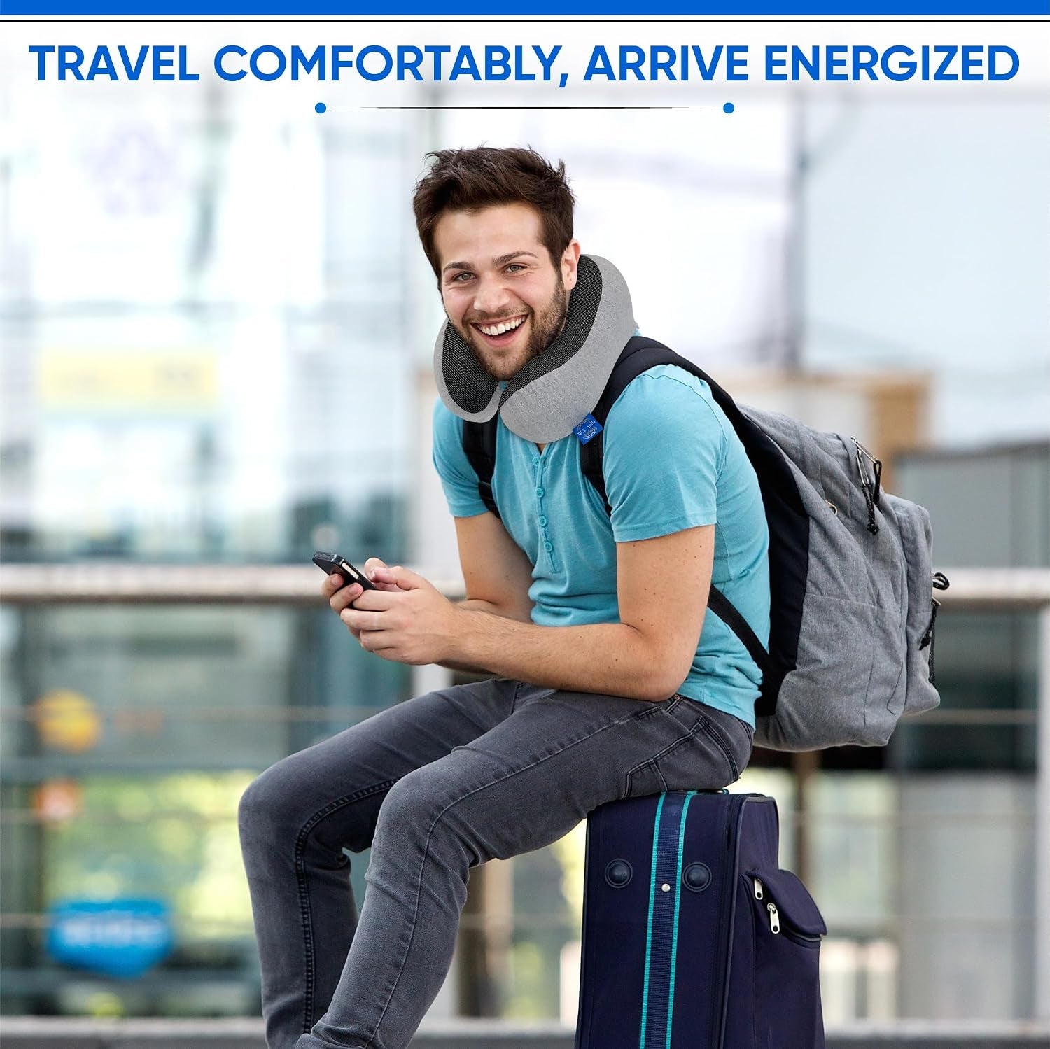 W.S. Sells Travel Neck Pillows for Airplanes - Pure Memory Foam with Ergonomic Design & Breathable Fabric - Travel Pillows for Airplanes & Cars - Set of Travel Essentials with Sleep Mask & Ear Plugs