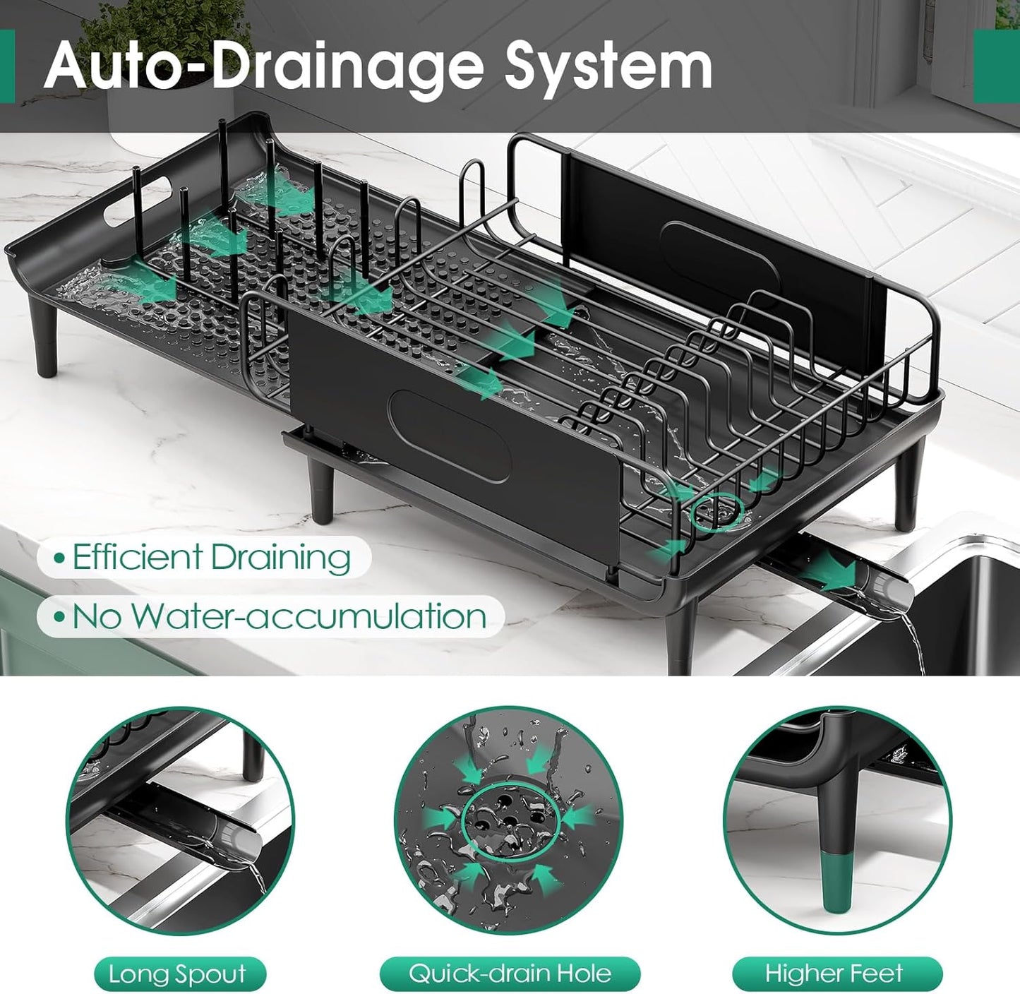 Large Extendable Dish Drying Rack, 16.93" to 26.57" Expandable Dish Rack for Kithen Counter, with Multifunctional Drainboard, Fits Any Sink, Heavy-Duty Steel Plate Drainer for Countertop Organization