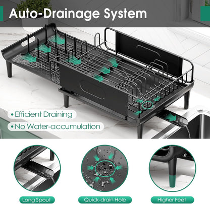 Large Extendable Dish Drying Rack, 16.93" to 26.57" Expandable Dish Rack for Kithen Counter, with Multifunctional Drainboard, Fits Any Sink, Heavy-Duty Steel Plate Drainer for Countertop Organization