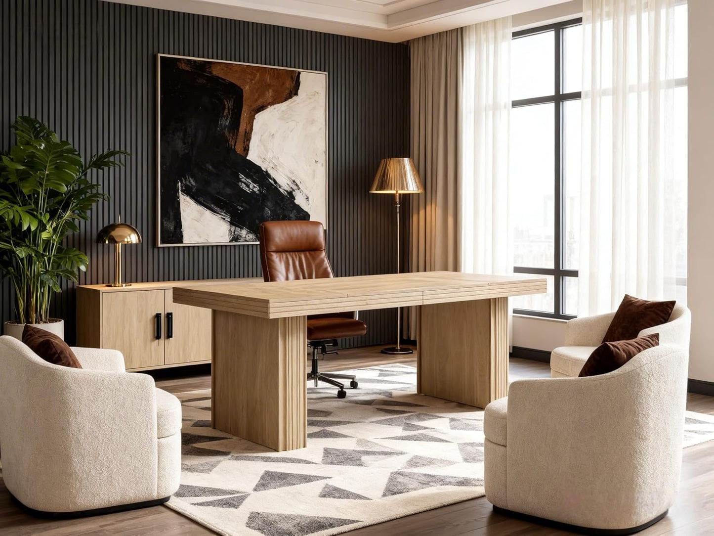 Tribesigns Modern Office Desk, Home Office Table with Wide Fluted Legs, Modern Desk for Home Office, Natural