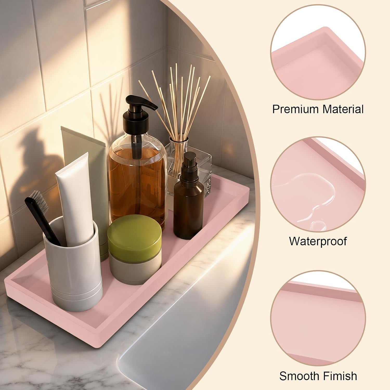 Bathroom Vanity Tray, Silicone 11.8 X 5 Inch Bathroom Counter Tray Decor, Extra-Large Bathroom Trays Holders and Organizers for Toilet Top, Dresser, Waterproof Decorative Tray, Pink