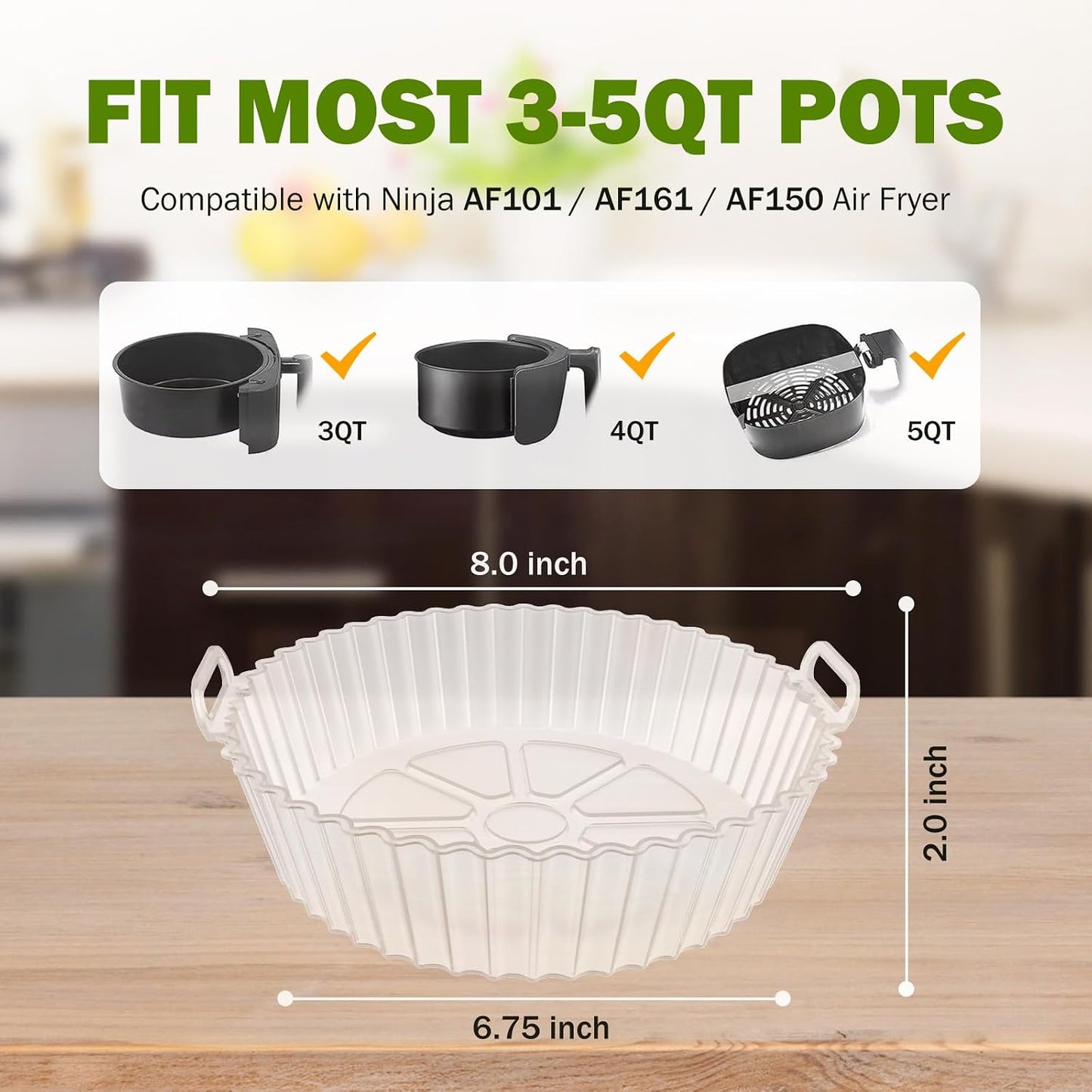 Air Fryer Silicone Liners 2 Pack,  8 Inch Transparent Reusable Air Fryer Basket Liners for 3-5 QT Basket, Non-Stick Airfryer Silicone Pot Oven Liner for Ninja Air Fryer, Microwave Accessories