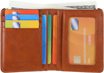 Bifold Slim Men Wallet Genuine Leather Thin, Small Vertical RFID Blocking Wallets for Men ，Compact & Stylish with Clear ID Windows (Brown)