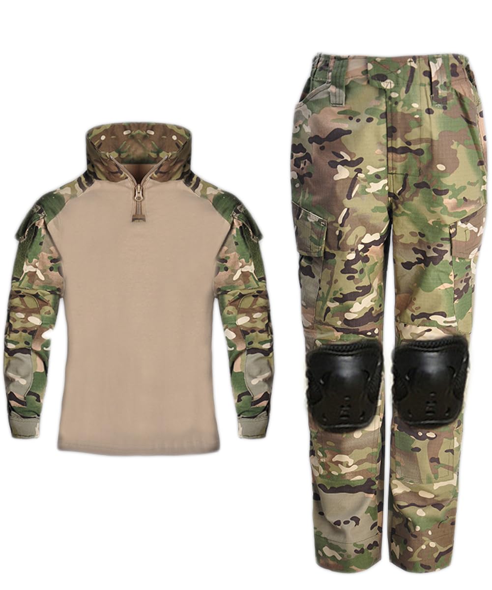 KUFORES Kids Airsoft Outfit Long Sleeve BDU Suits with Knee Pads Amry Uniforms Combat Shirt Pants Camo Clothing Gear Chirstmas Halloween Paintball Apparel Youth Boys 9 Years L