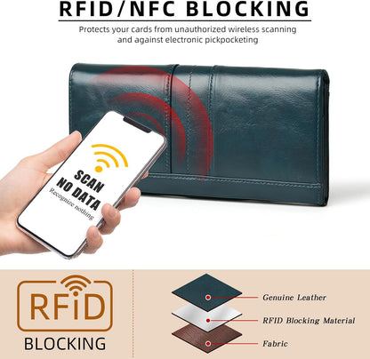 RFID Blocking Wallets for Women Leather Long Ladies Wallet Bifold Womens Wallet with Coin Pocket ID Window,Blue