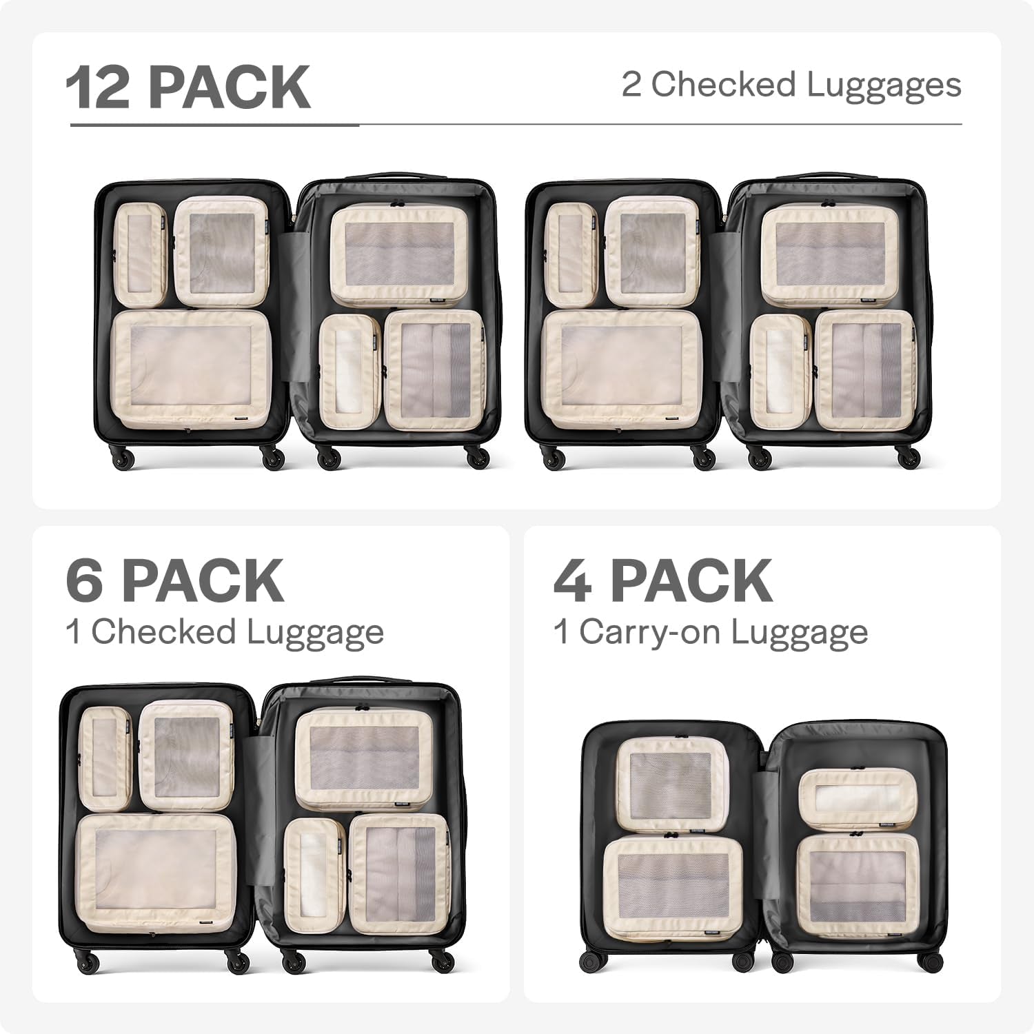 Compression Packing Cubes for Travel - Luggage Organizer Bags - Double Zipper Packing Cubes for Suitcases (12-Pack, Beige)