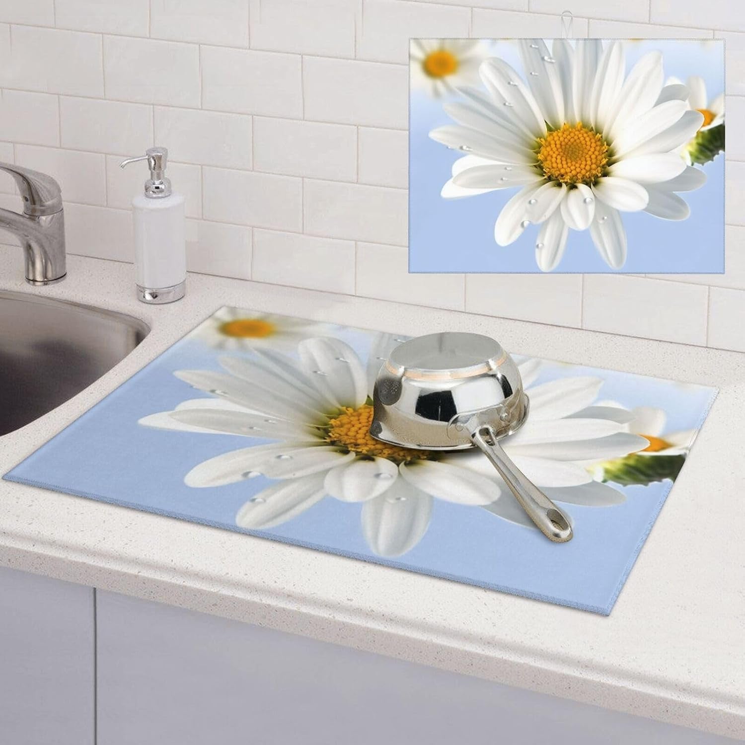 White Daisy Dish Drying Mat for Kitchen Counter Microfiber Dish Drying Pad XL Super Absorbent Dish Drainer Mats with Hook Large Kitchen Drying Mat 18X24 Inch