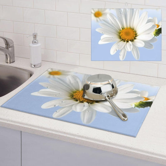 White Daisy Dish Drying Mat for Kitchen Counter Microfiber Dish Drying Pad XL Super Absorbent Dish Drainer Mats with Hook Large Kitchen Drying Mat 18X24 Inch