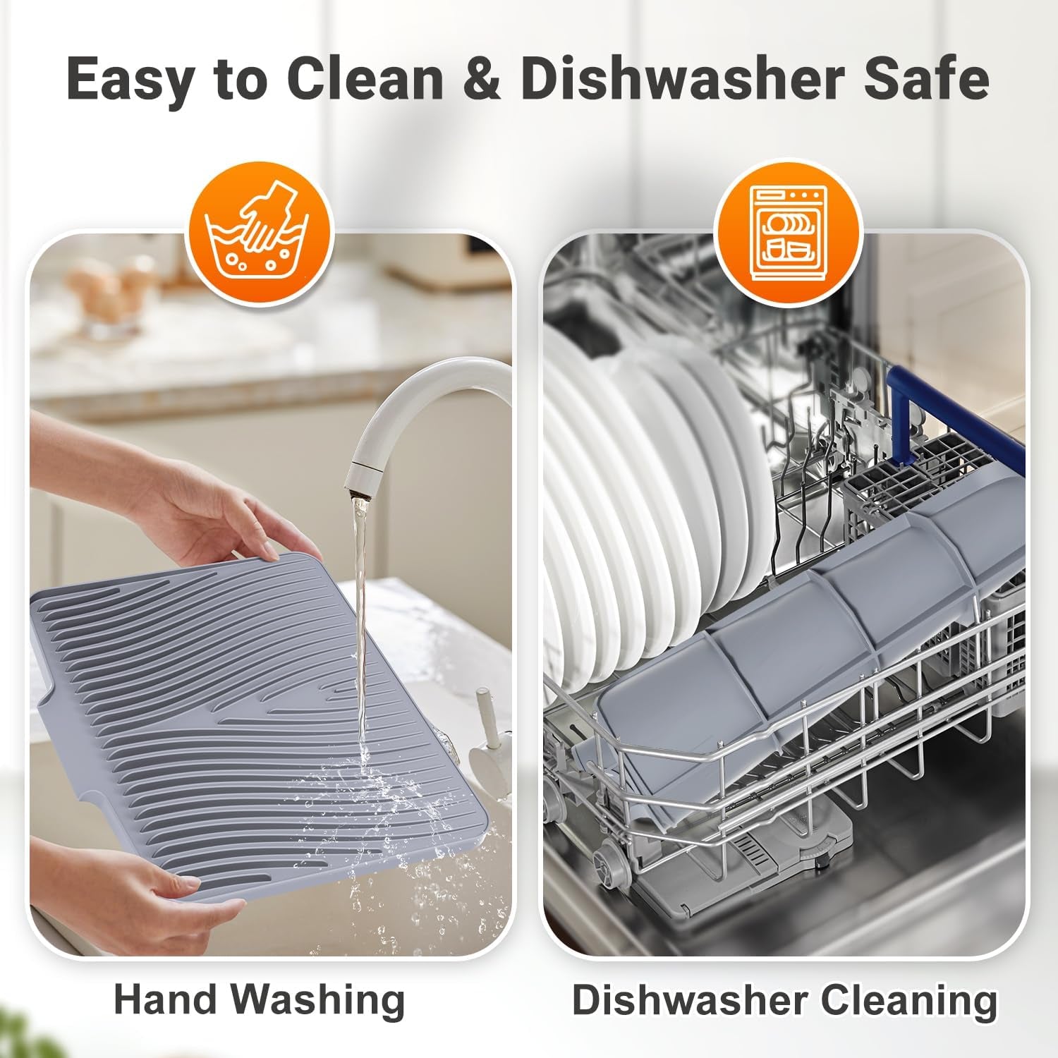 Silicone Dish Drying Mat for Kitchen Counter,Dish Drying Pad,Non-Slip Drain Pad with Built-In Drain,Heat Resistant Stone Drying Mat,15.8"X 13",Gray,2Pcs