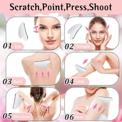 Gua Sha & Face Roller, Stainless Steel Gua Sha Facial Tools for Face, Eyes, Chin & Jawline Sculpting, Body Gua Sha Tools with Pouch