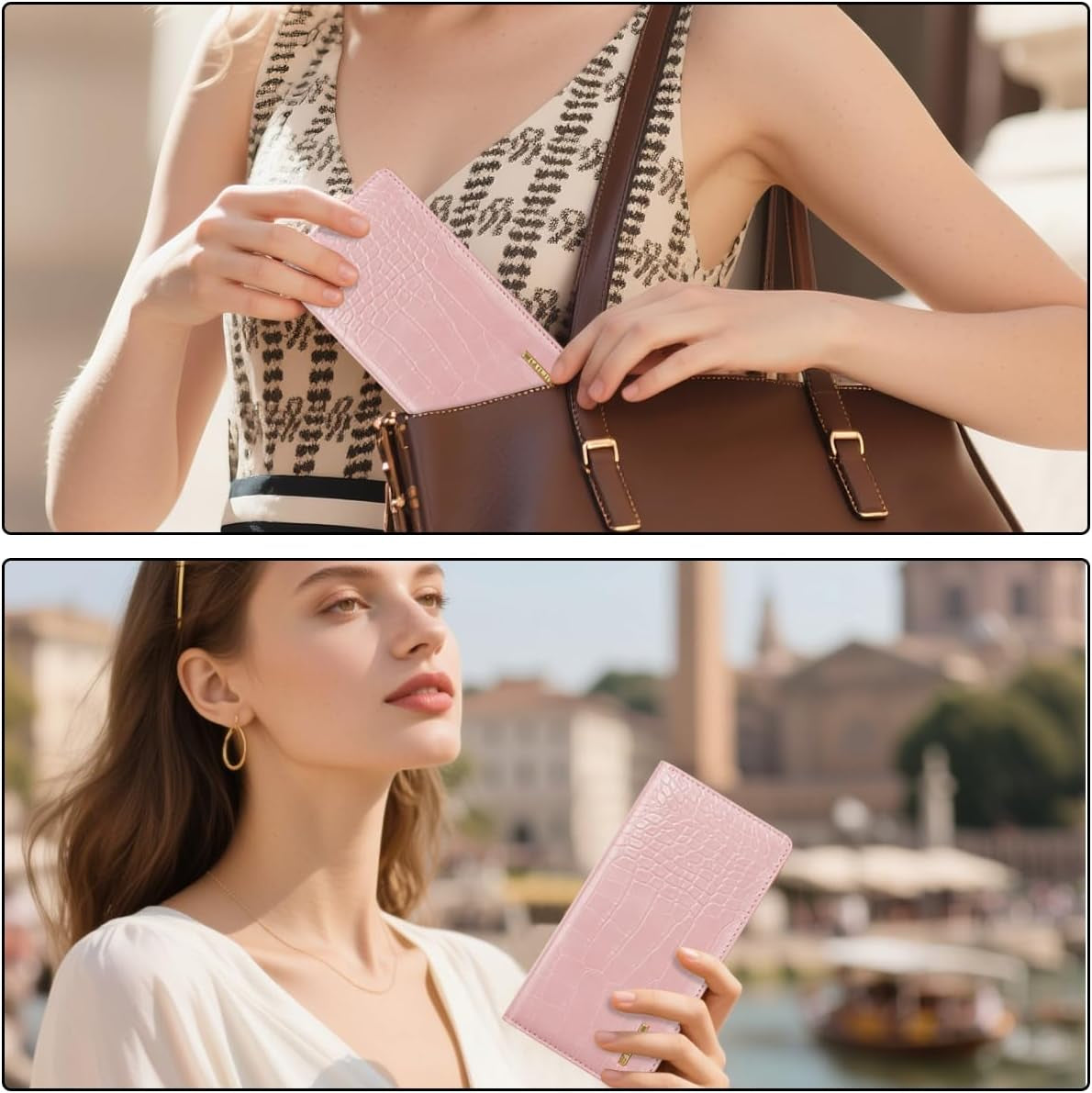 Wallet Women Bifold Faux Crocodile Leather Minimalist Slim Thin Long Wallets RFID Blocking Credit Cards Holder Purse with Back Zipper Coin Pocket for Women and Men,Pink