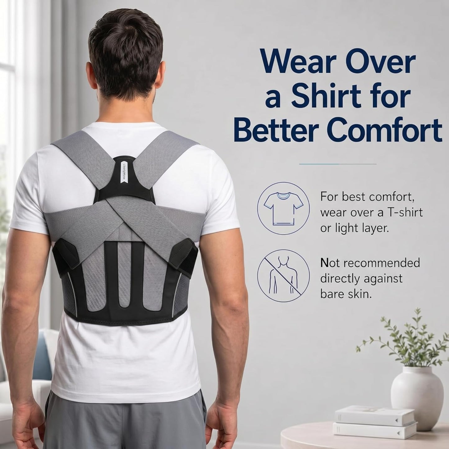 Posture Corrector for Men, Adjustable Upper Back Brace with Breathable Mesh Back, 4 Flexible Support Stays & Underarm Fit Adjustment, Back Straightener Helps Reduce Slouching Strain for Desk Work, Sitting, Reading & Posture Training