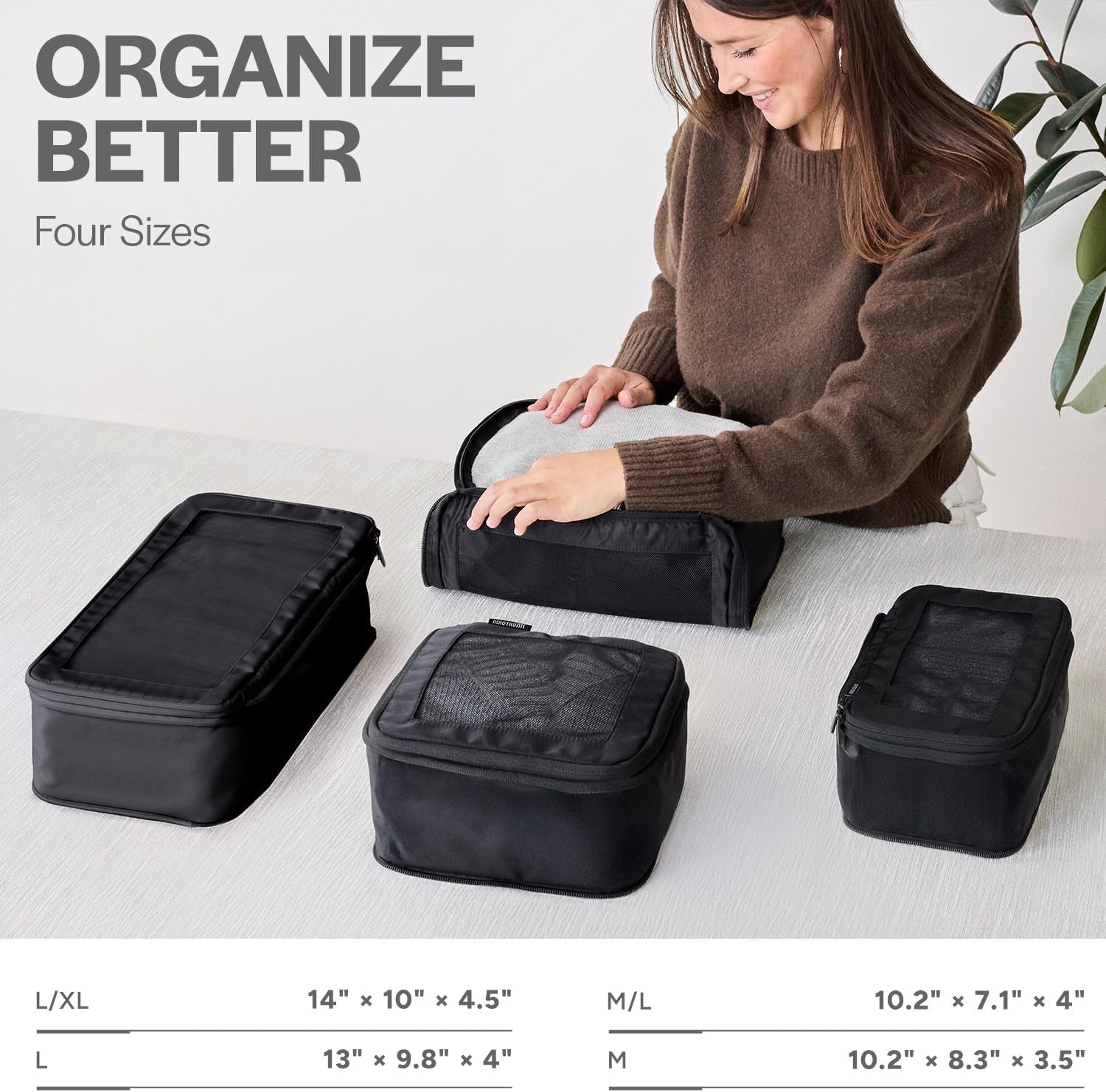 Compression Packing Cubes for Travel - Luggage Organizer Bags - Double Zipper Packing Cubes for Suitcases (4-Pack, Black)