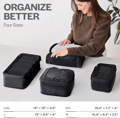 Compression Packing Cubes for Travel - Luggage Organizer Bags - Double Zipper Packing Cubes for Suitcases (4-Pack, Black)