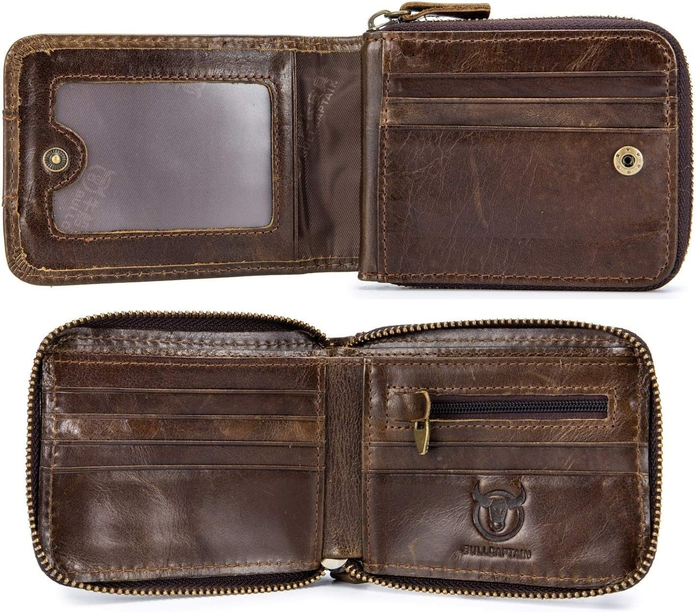 Mens Leather Wallet Zipper RFID Blocking Wallets Coins Purse (Deep Brown)