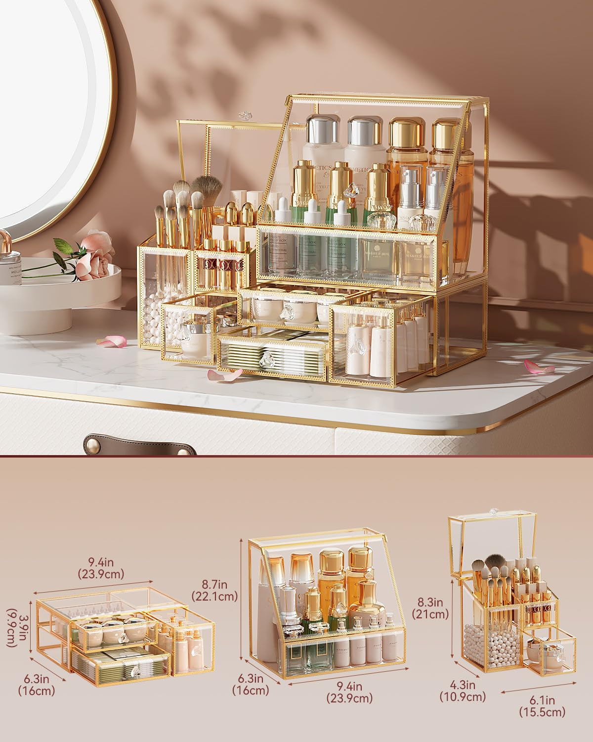 Clear Makeup Organizer Countertop with Gold Frame for Vanity Skincare + Tempered Glass Disposable Face Towel Holder with 3 Drawers for Bathroom Storage