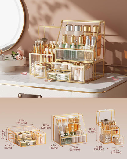 Clear Makeup Organizer Countertop with Gold Frame for Vanity Skincare + Tempered Glass Disposable Face Towel Holder with 3 Drawers for Bathroom Storage