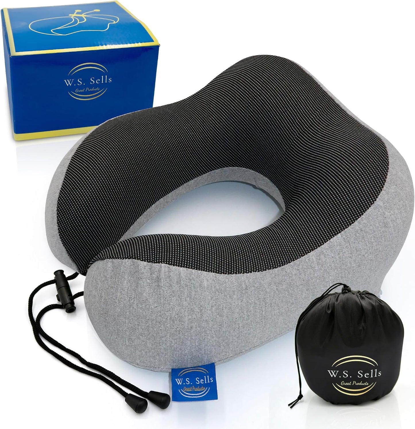 W.S. Sells Travel Neck Pillows for Airplanes - Pure Memory Foam with Ergonomic Design & Breathable Fabric - Travel Pillows for Airplanes & Cars - Set of Travel Essentials with Sleep Mask & Ear Plugs