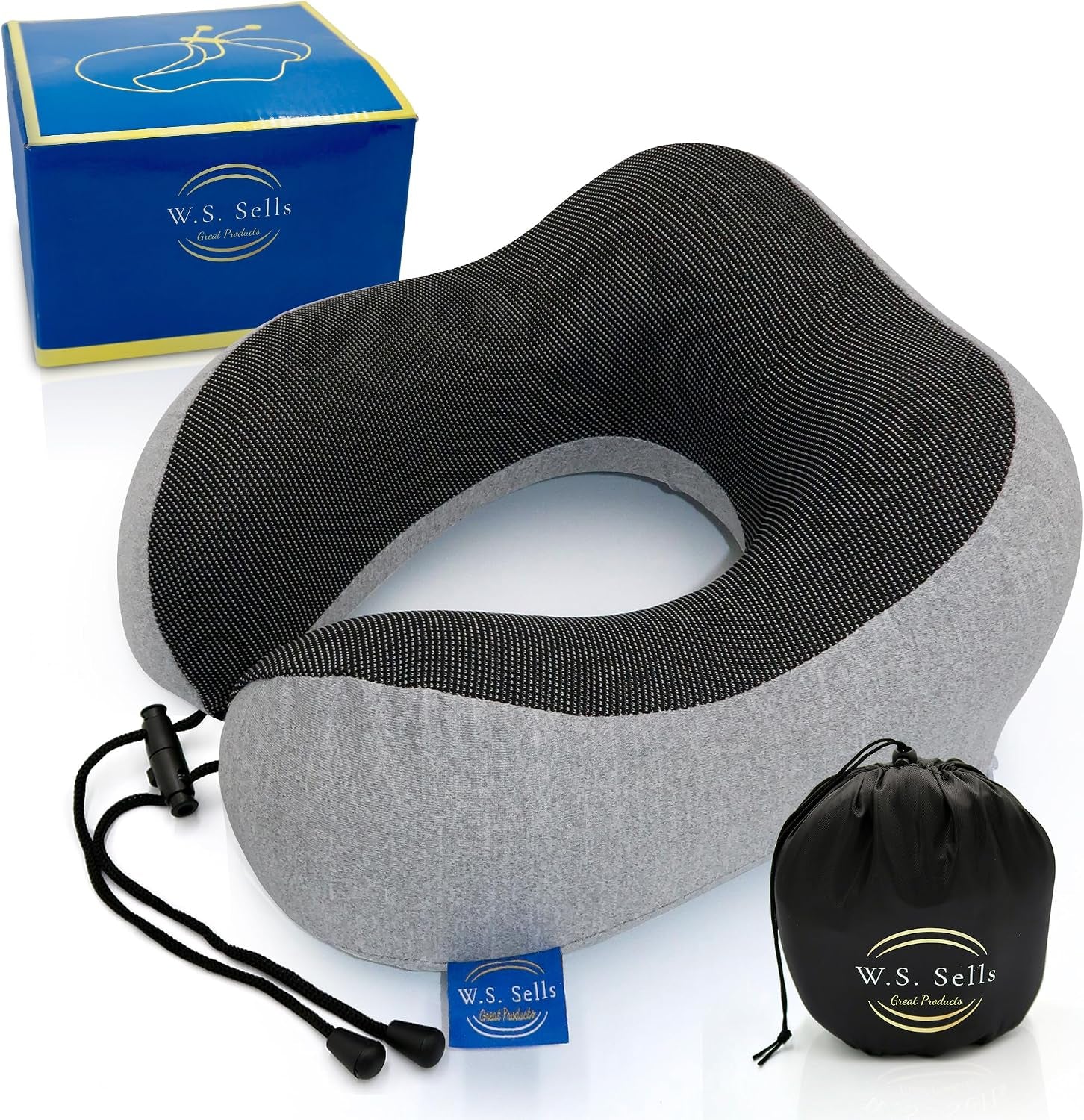 W.S. Sells Travel Neck Pillows for Airplanes - Pure Memory Foam with Ergonomic Design & Breathable Fabric - Travel Pillows for Airplanes & Cars - Set of Travel Essentials with Sleep Mask & Ear Plugs