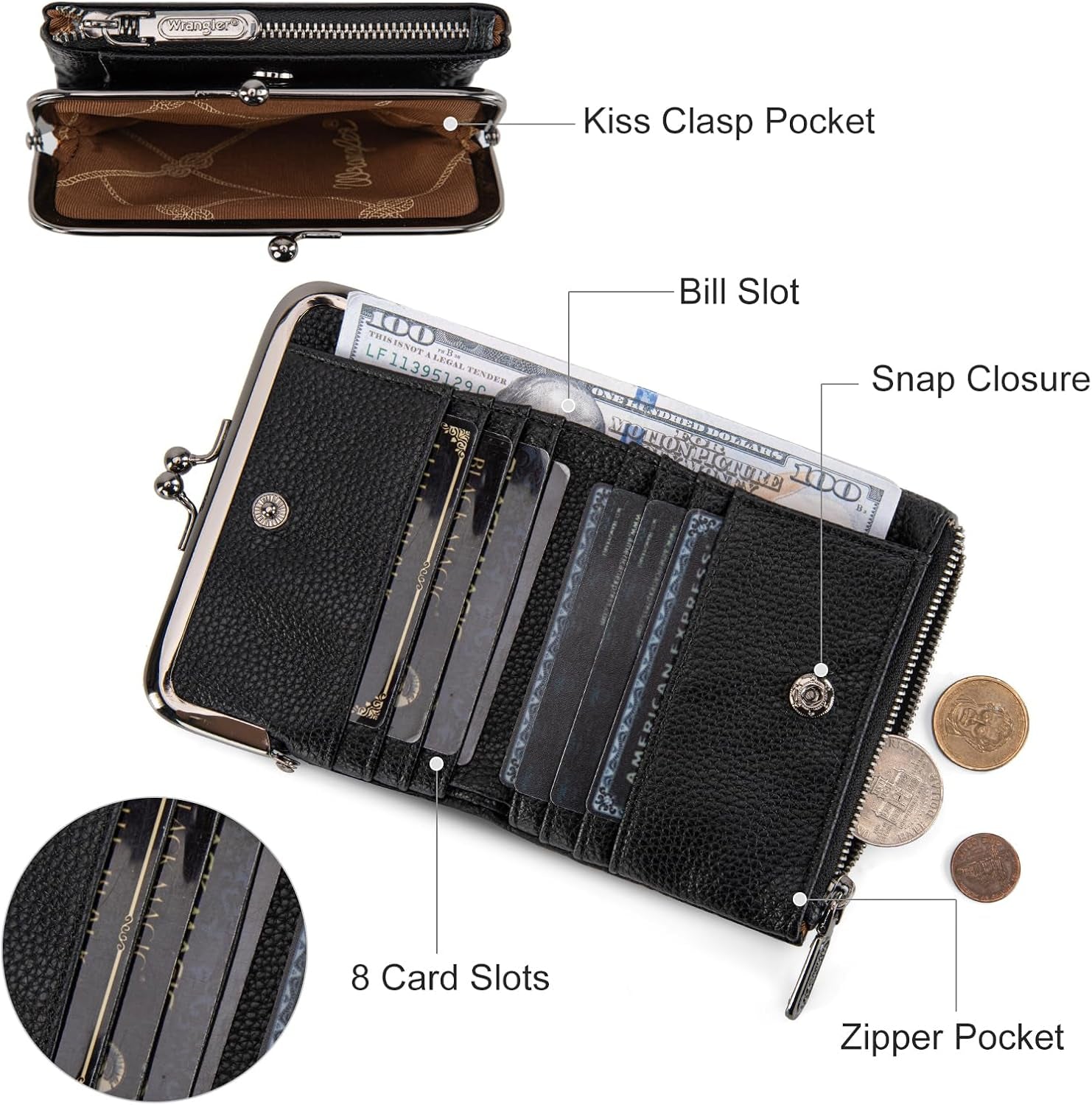 Wrangler Women'S Wallet RFID Blocking Wallets Small Bifold Credit Card Holder with Kiss Clasp Black