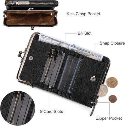 Wrangler Women'S Wallet RFID Blocking Wallets Small Bifold Credit Card Holder with Kiss Clasp Black