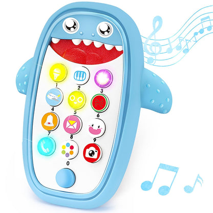 Baby Shark Cell Phone Toy Removable Teether Case, Light, Music Adjustable Volume Kid Play Learn Fake Phone Infant Toddler, Preschool Holiday Birthday Present Gift for Girl Boy 12 Months (Blue)