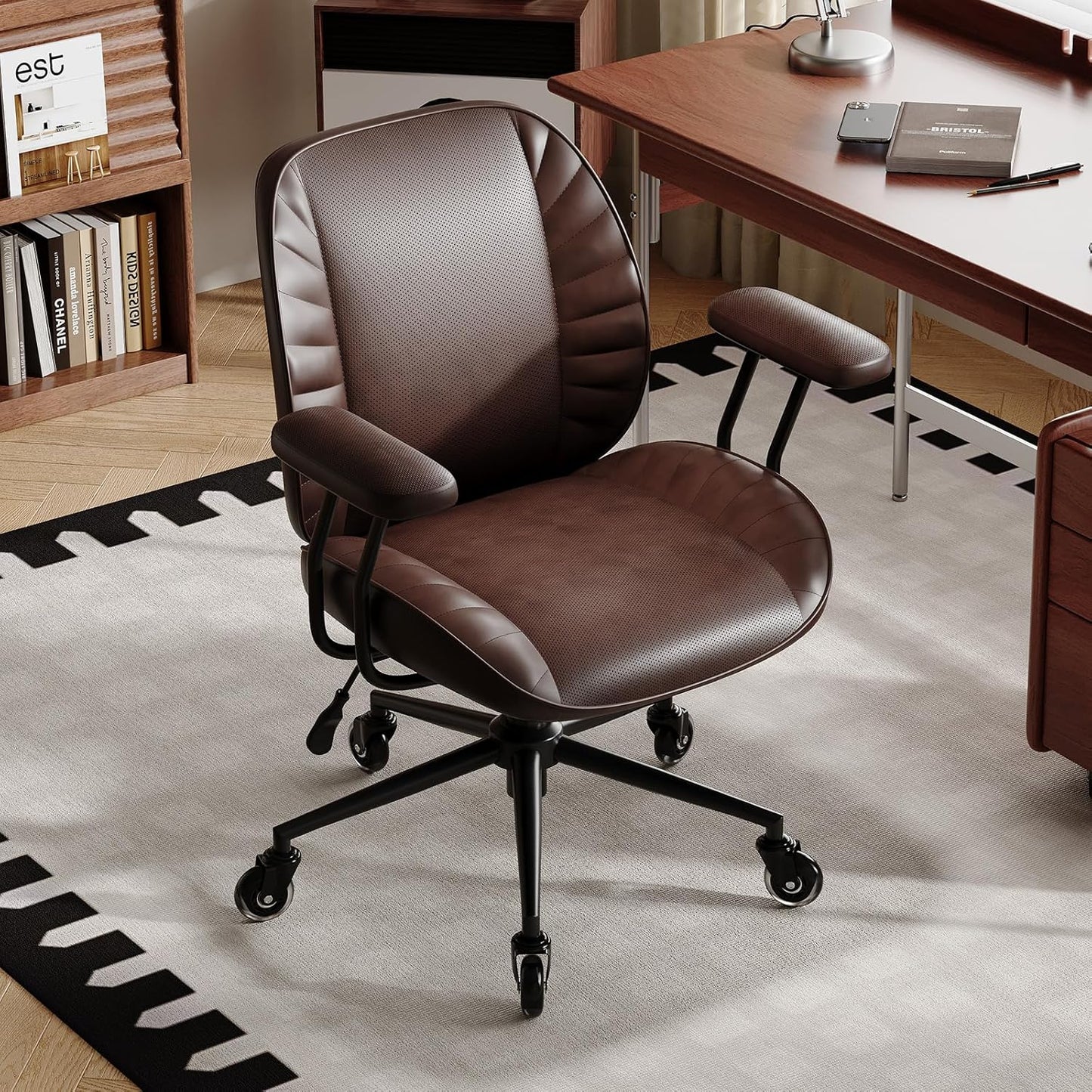 Home Office Desk Chair, Adjustable Comfy Office Chair with Wheels,Leather Office Chair with Removable Armrests, Office Desk Chair with Lumbar Support for Home Office or Workspace, Dark Brown