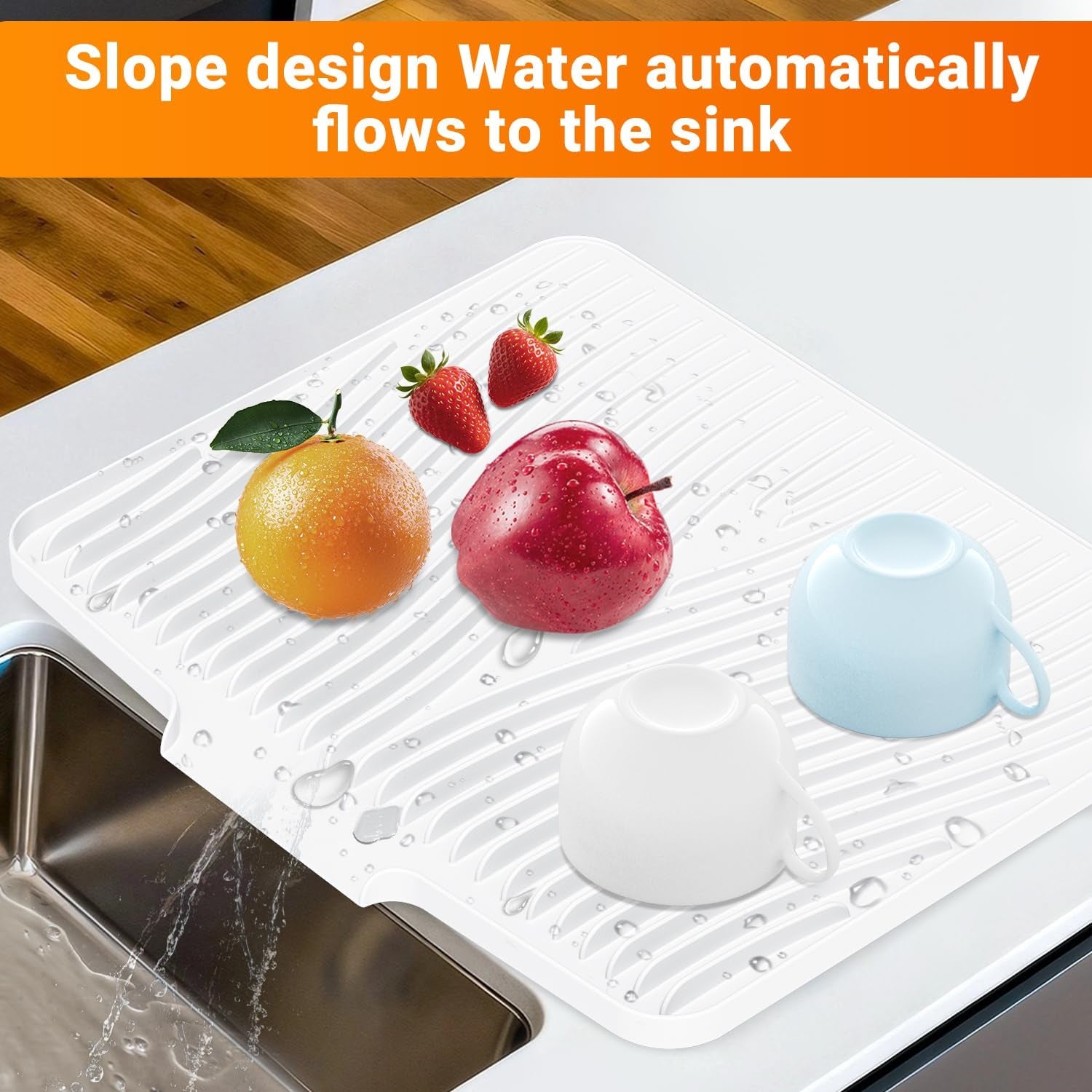 Silicone Dish Drying Mat for Kitchen Counter,Dish Drying Pad,Non-Slip Drain Pad with Built-In Drain,Heat Resistant Stone Drying Mat,15.8"X 13",Ivory