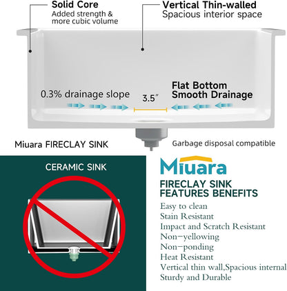 White Undermount or Drop in Workstation Kitchen Sink 33 X 19 Inch | for Kitchen, Fireclay Large Single Bowl, Dual Mount: under or Top Mount, Resistant to Stain, Heat, Chipping & Scratchs