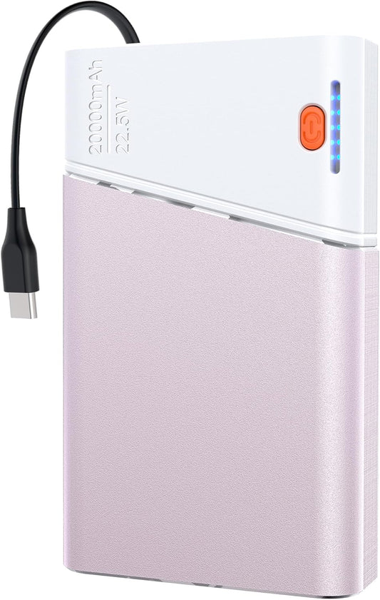 Portable Charger Power Bank, 20000Mah 22.5W PD Fast Charging Powerbank with Built-In USB C Cable, External Phone Battery Pack for Iphone 17/16/15 Samsung S24 Android Etc, Pink