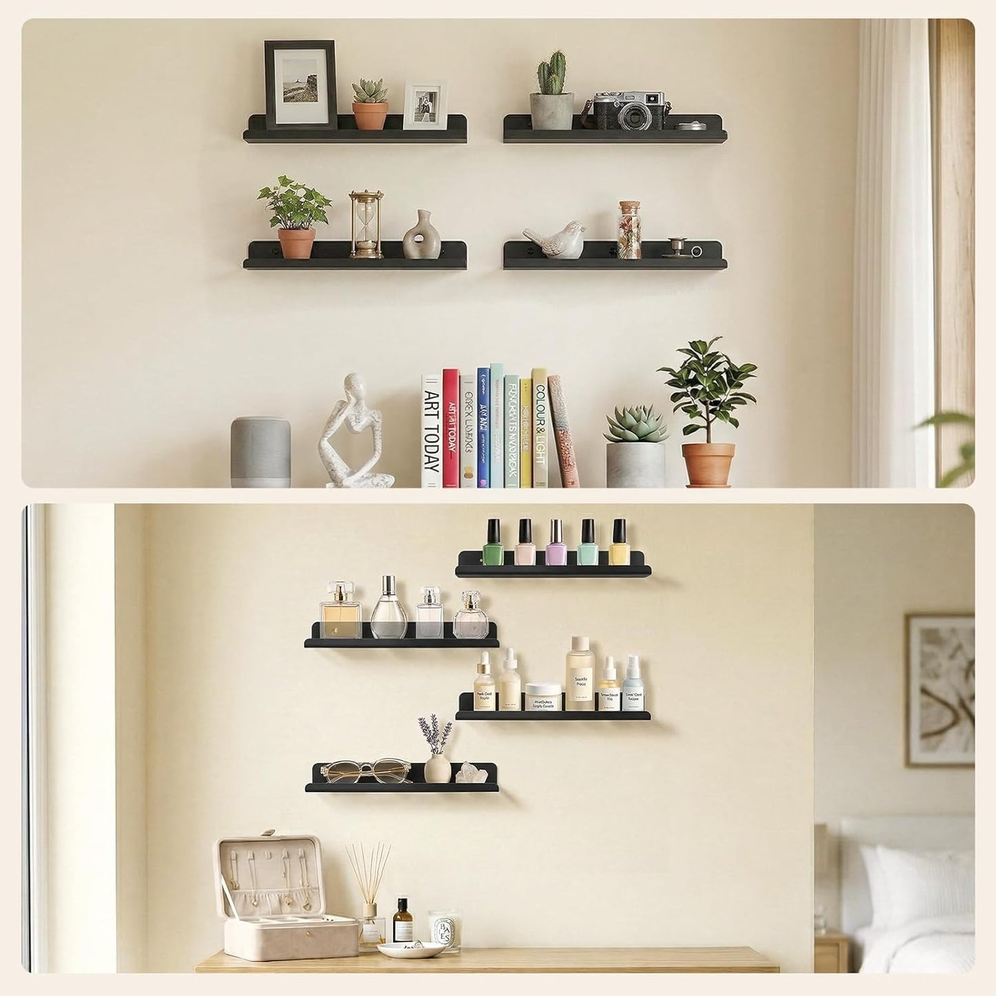 Floating Shelves for Bathroom, Acrylic Display Shelf Wall Mounted for Makeup, Skincare, Nail Polish, Book, 14" Perfume Organizer for Bedroom, Living Room, Nursery, Home Decor, Black, 4 Pack
